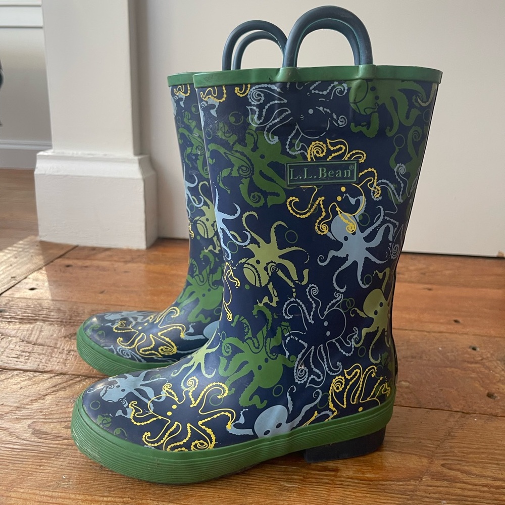 LL Bean Rain Boots Blue Green Octopus Pull On Size 13